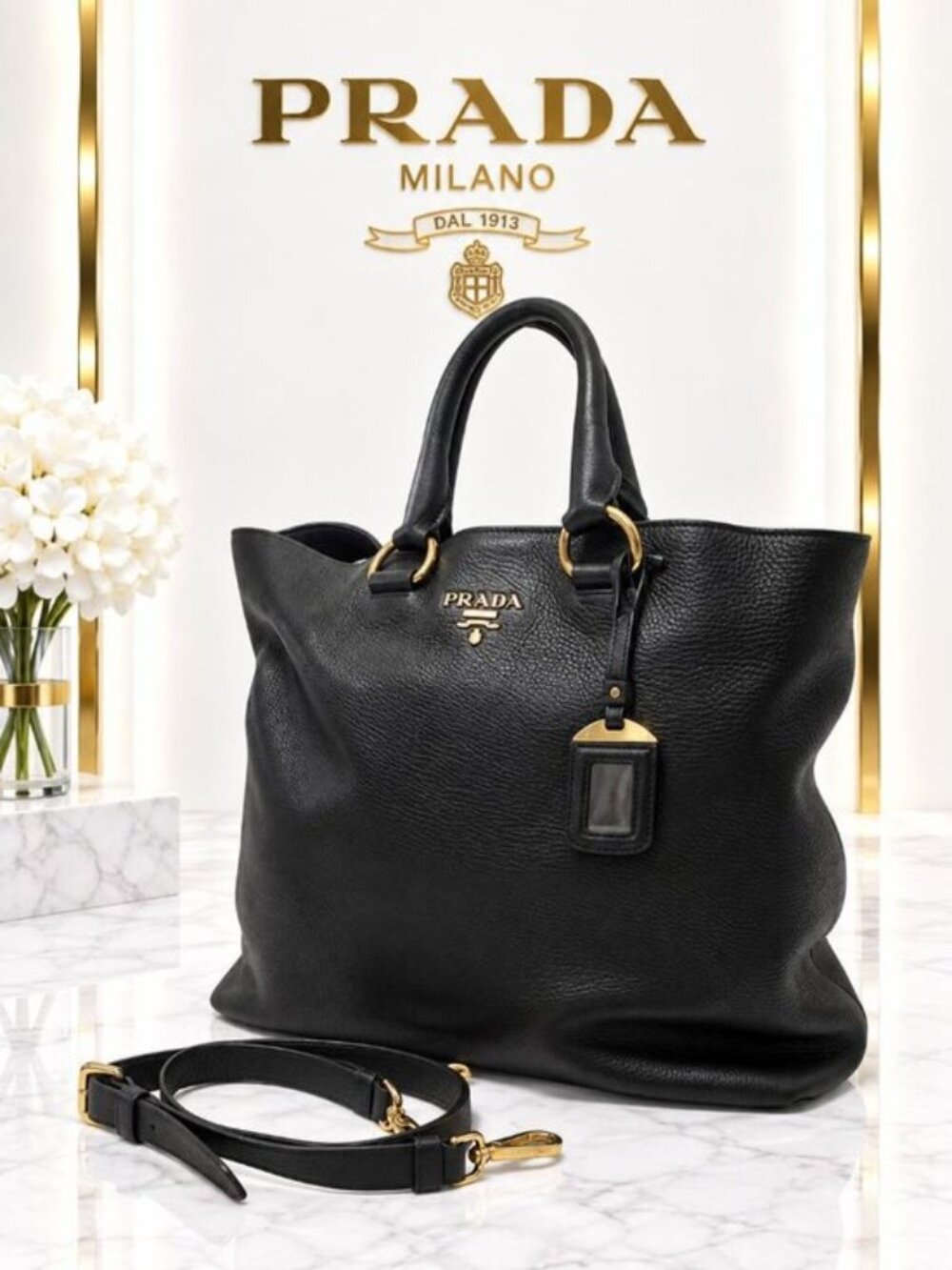 Authentic Prada Vitello Daino Black Leather Tote Bag Convertible Shoulder Bag